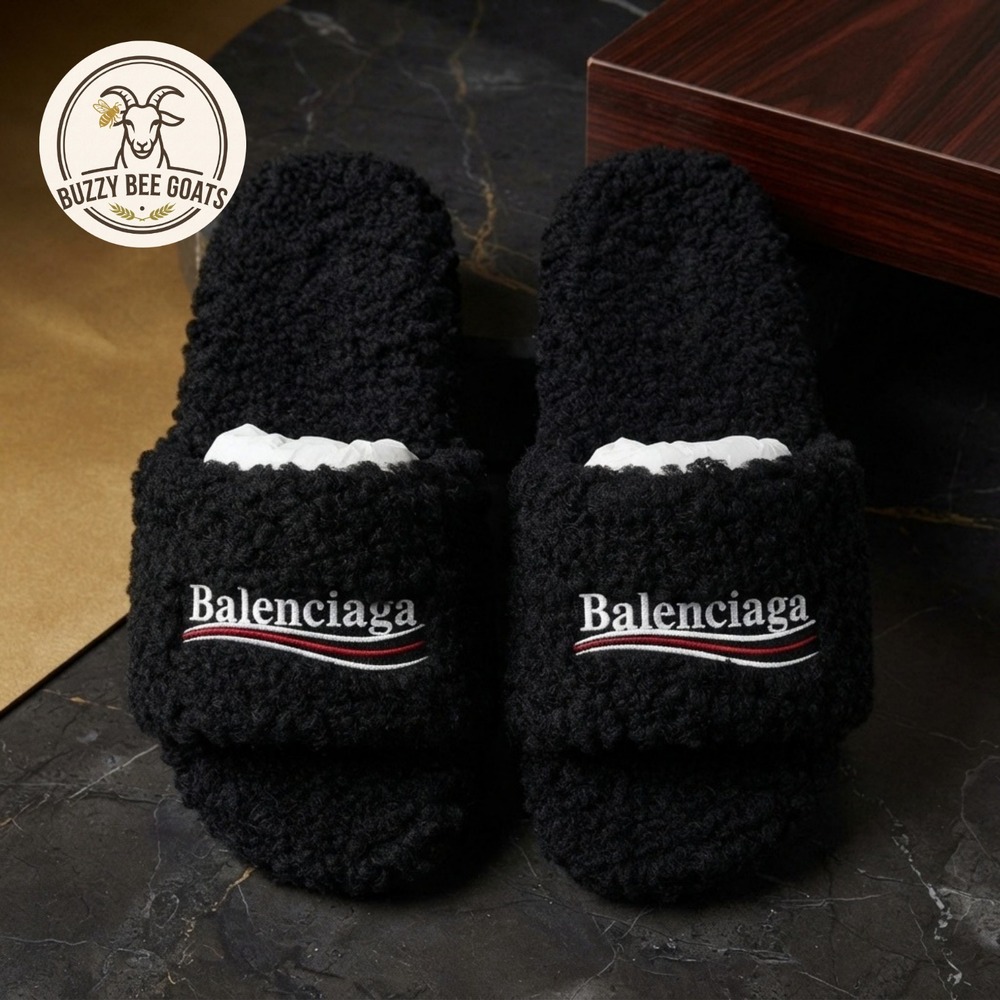 Authentic Balenciaga Faux Fur Fluffy Slide Sandals Unisex Black Size 42C